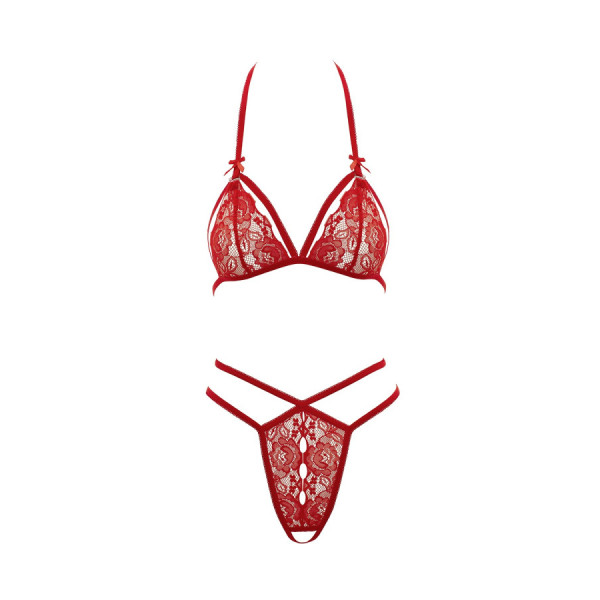Soutien-gorge en dentelle rouge avec bonnets détachables et string 